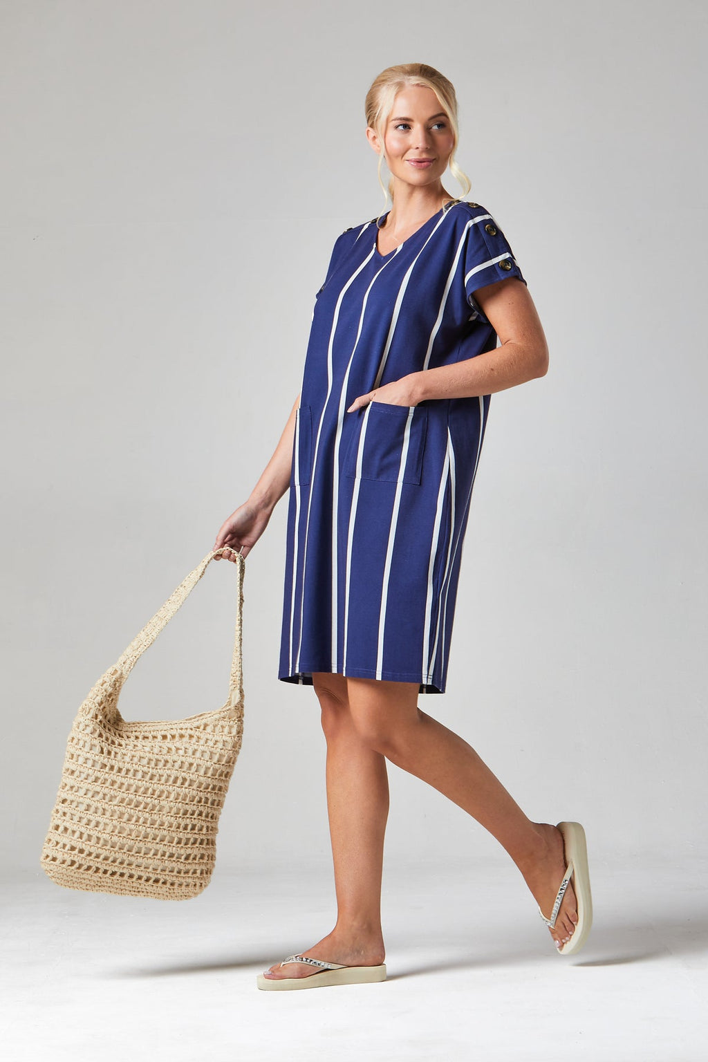 Alice Collins Button Shoulder Dress-Dress-8-Navy/White-