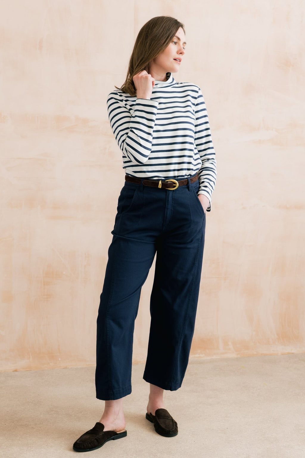 Lily and Me Charlie Barrel Leg Stretch Twill Trousers Navy