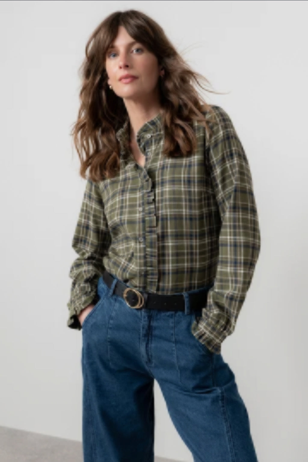 Lily and Me Sage Frill Shirt Multi Check-White finn