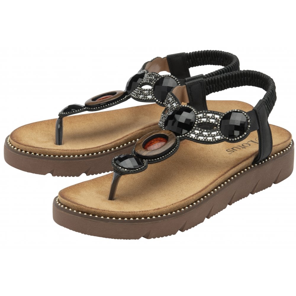 Lotus Black Alcina Toe-Post Sandals | Lotus
