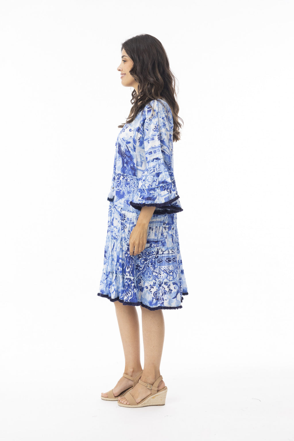 Orientique Okayama Dress Layers Frill Sleeve-Dress-8-Blue multi-