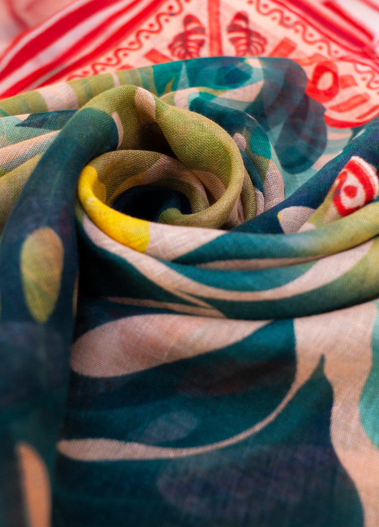 Powder Linen/Cotton Scarf - Exotic Leaves-Powder-White finn