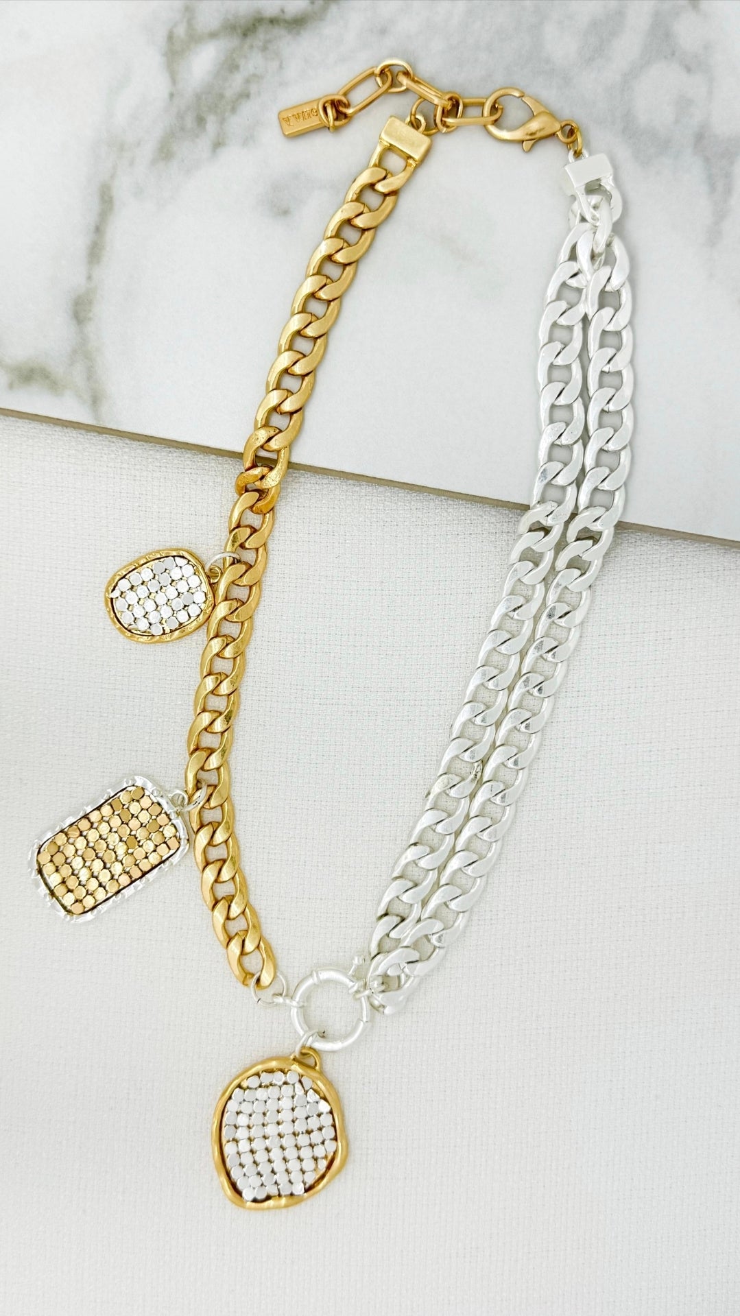 Envy 4886 Short gold and silver two tone flat chain necklace with mess design pendants-Envy-White finn