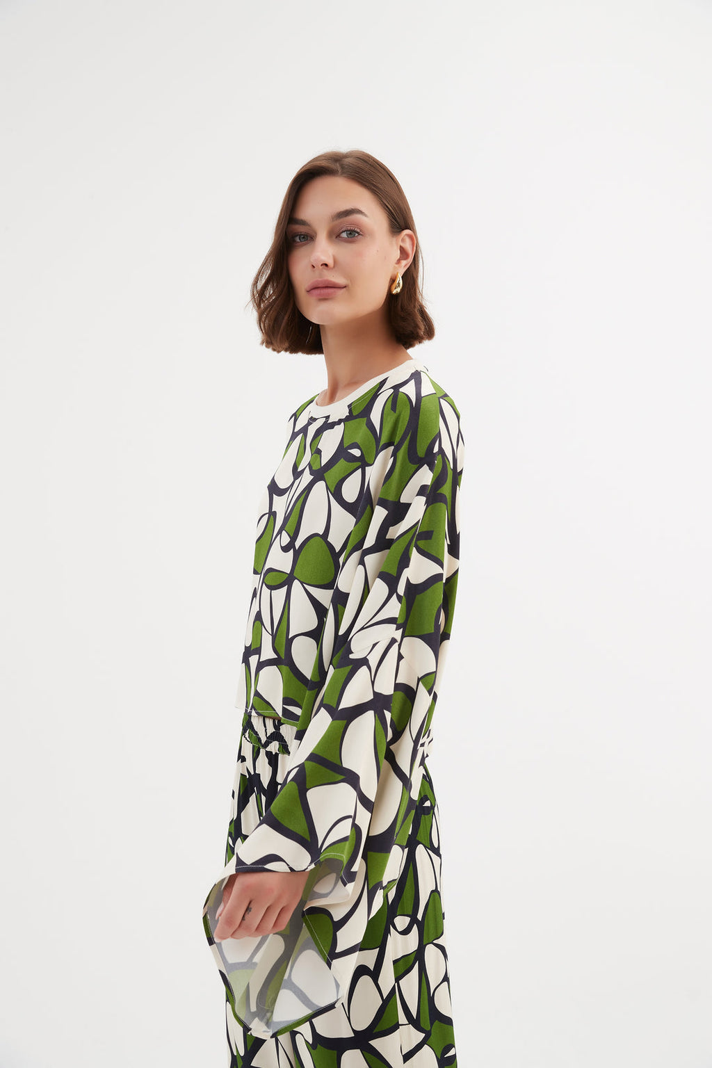 Tirelli Oversized Print Layer Top Rayon Green Oasis Prin-White finn