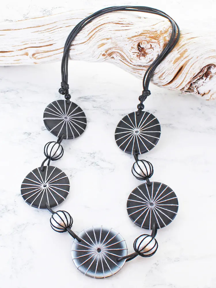 Suzie Blue Long Wooden Disc and Ball Necklace UJ6504