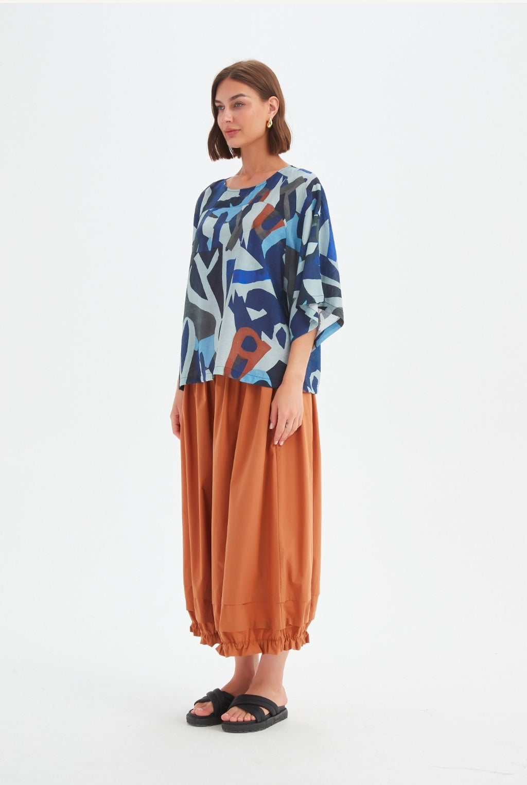 Tirelli Wide Sleeve Print Top Blue Abstract