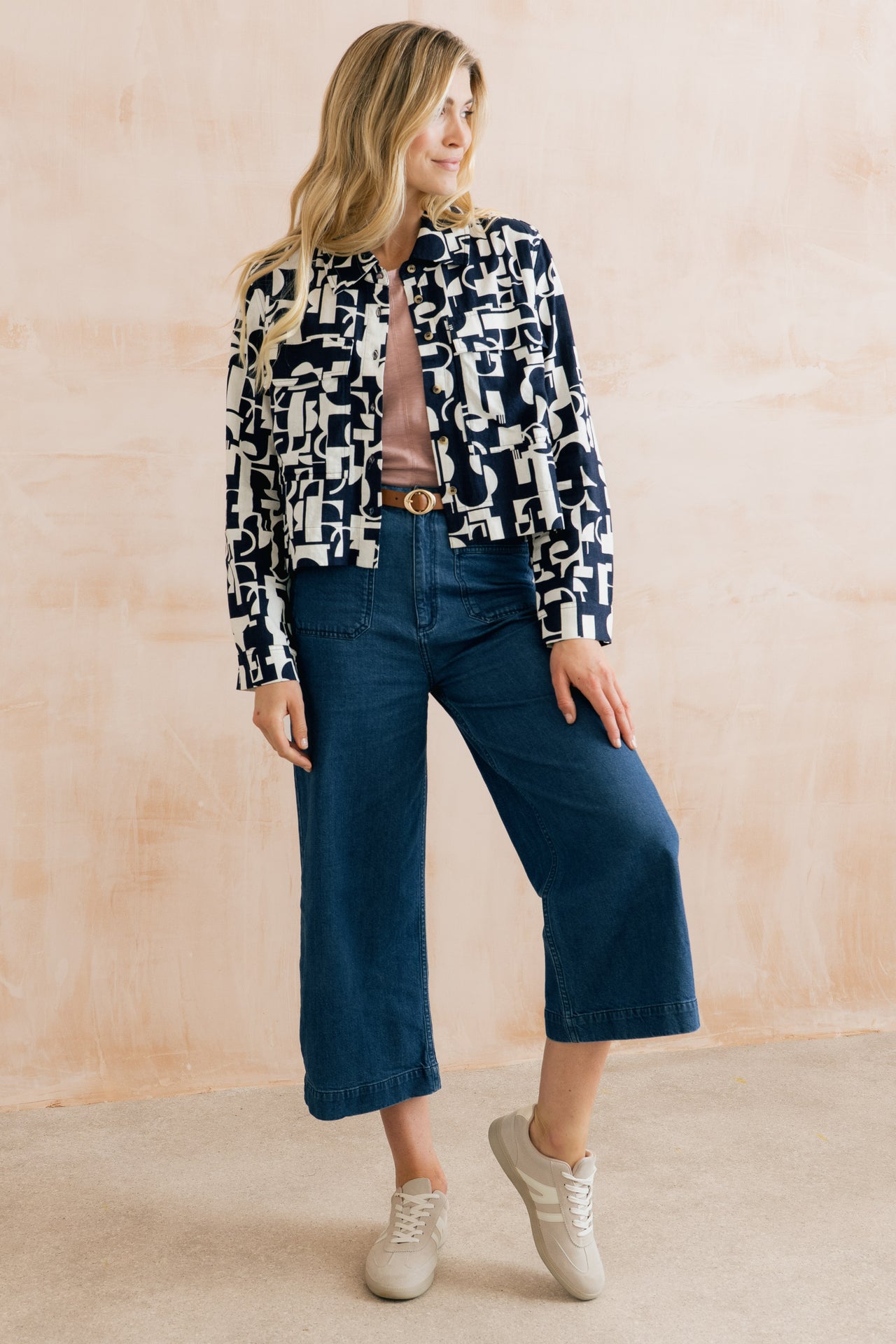 Lily and Me Grasslands Linen Blend Geo Print Jacket Navy