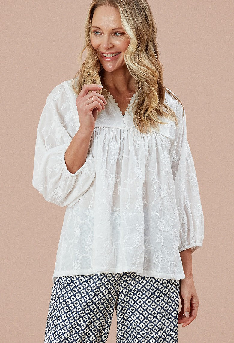 Adini Flower Embroidered Top White-Shirts & Tops-XS-White-