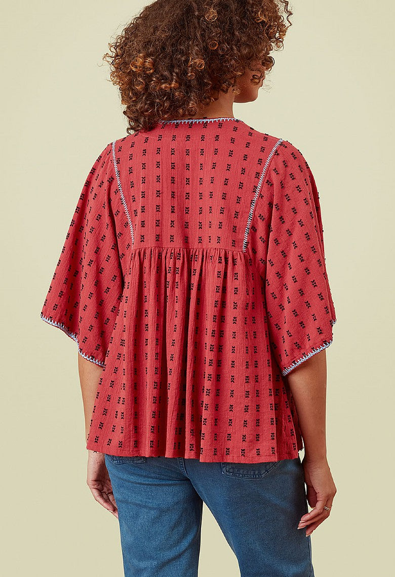 Adini Cotton Jacquard Dobby Top - Spiced Red-Adini-White finn
