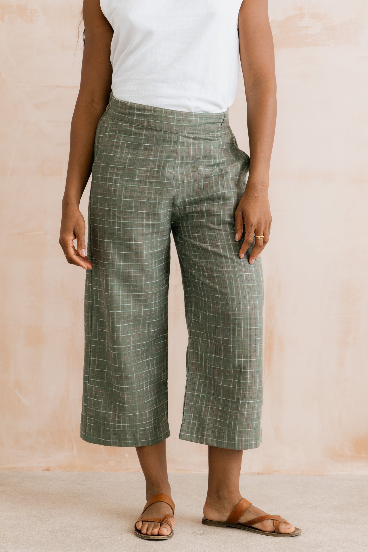 Lily and Me Greta Checked Cotton Cropped Trousers Green-Lily and Me-White finn