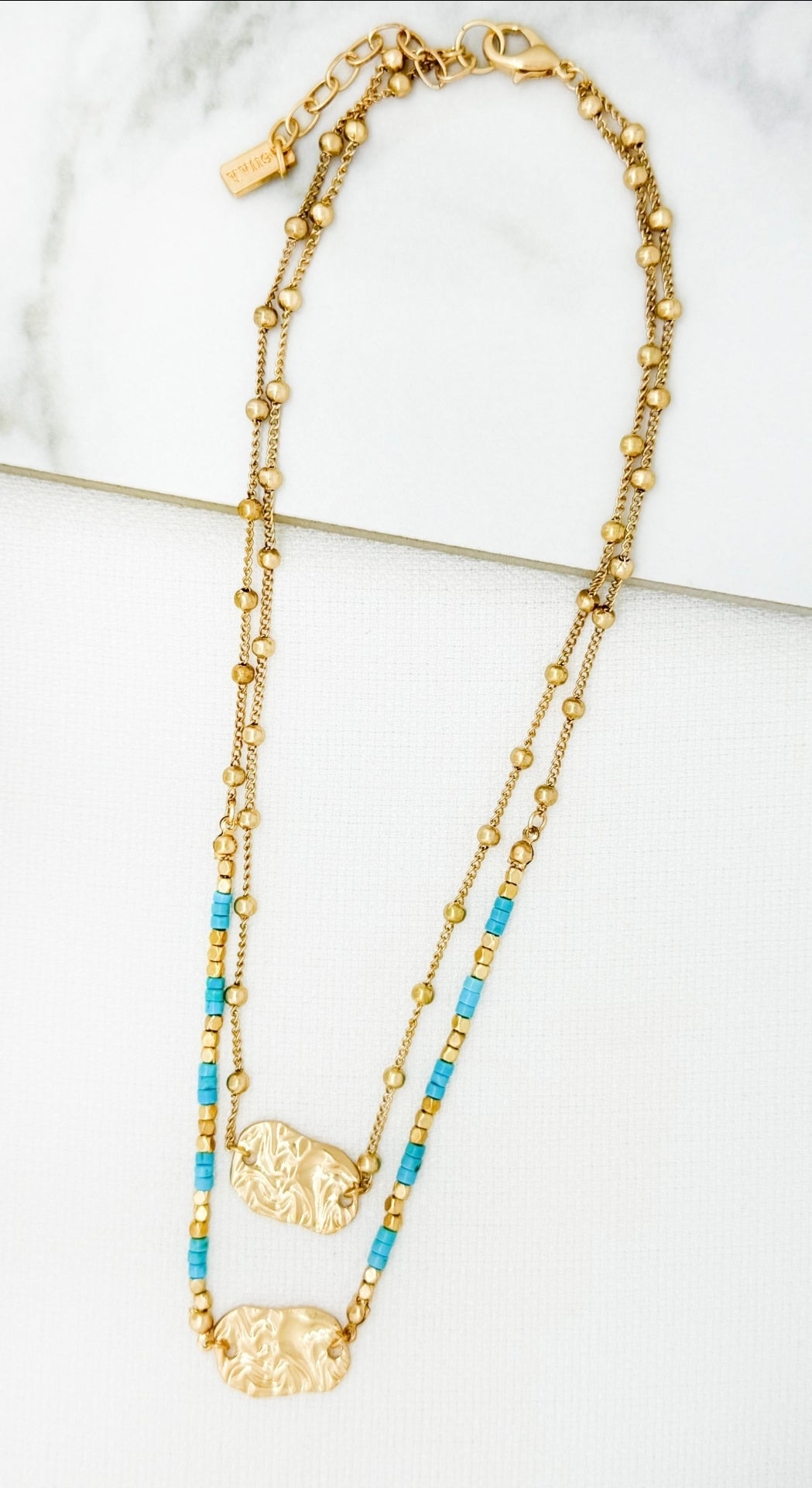 Envy 4889 Short gold and turquoise double layer bead necklace with pendants-Envy-White finn
