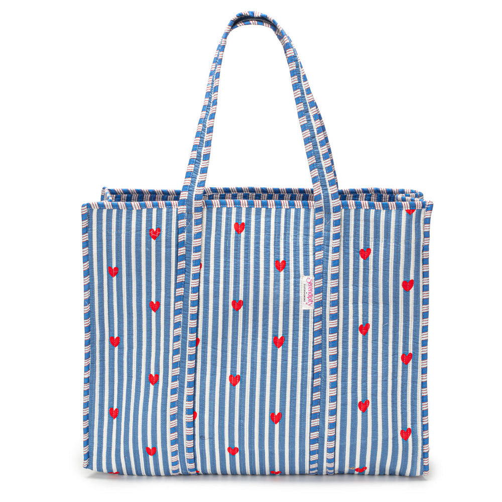 Ellie Beaumont Serendipity Cotton Quilted Tote - Blue Stripe Red Heart