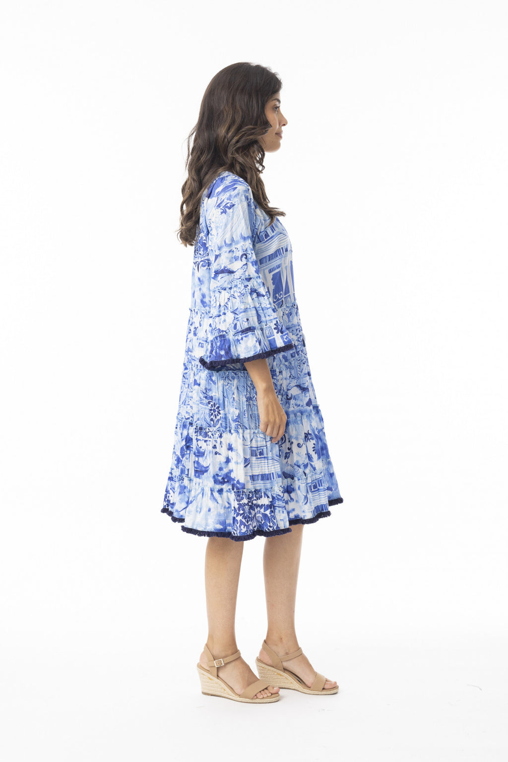 Orientique Okayama Dress Layers Frill Sleeve-Dress-8-Blue multi-