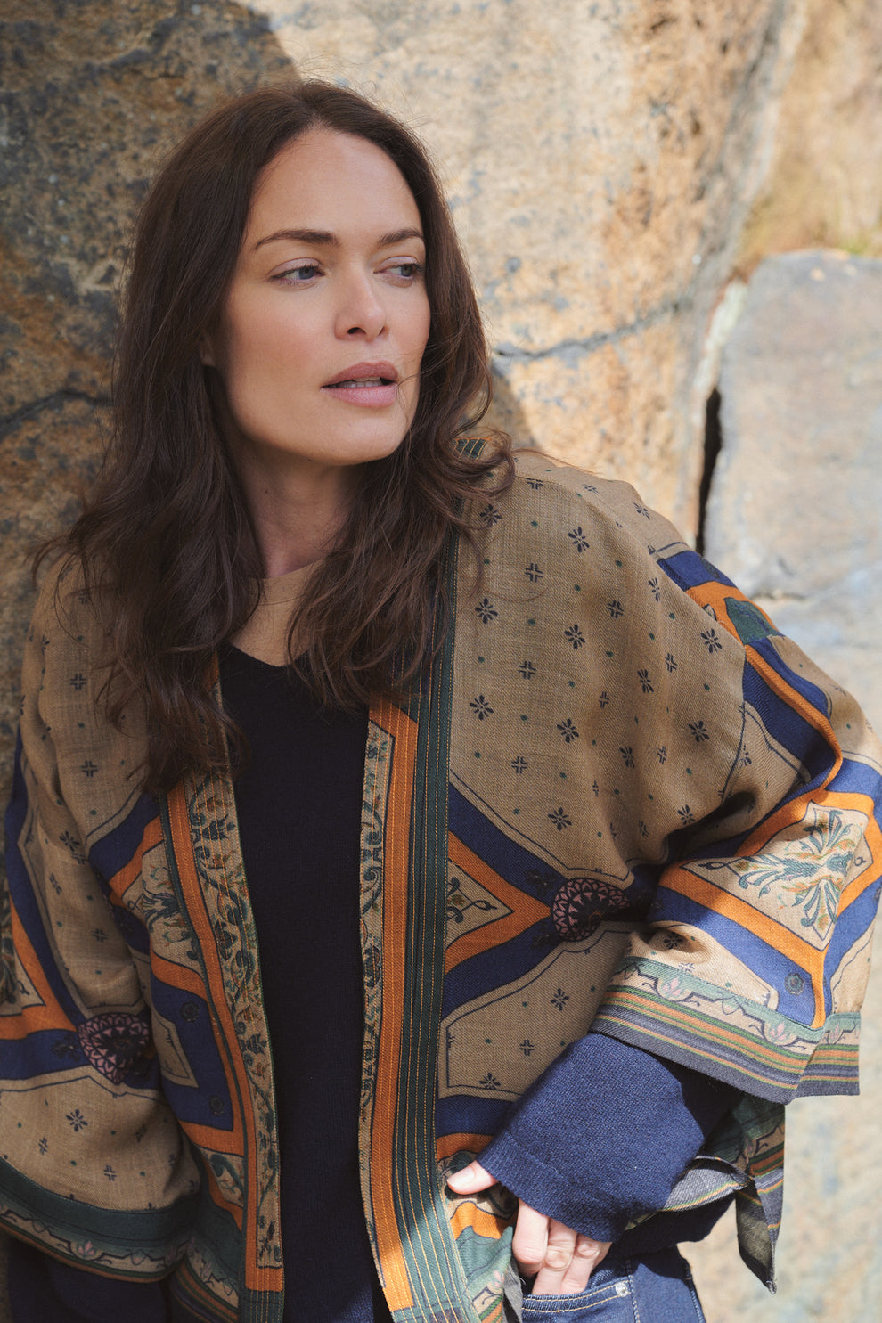 One Hundred Stars Fleur De Lys Sand Wool Kimono