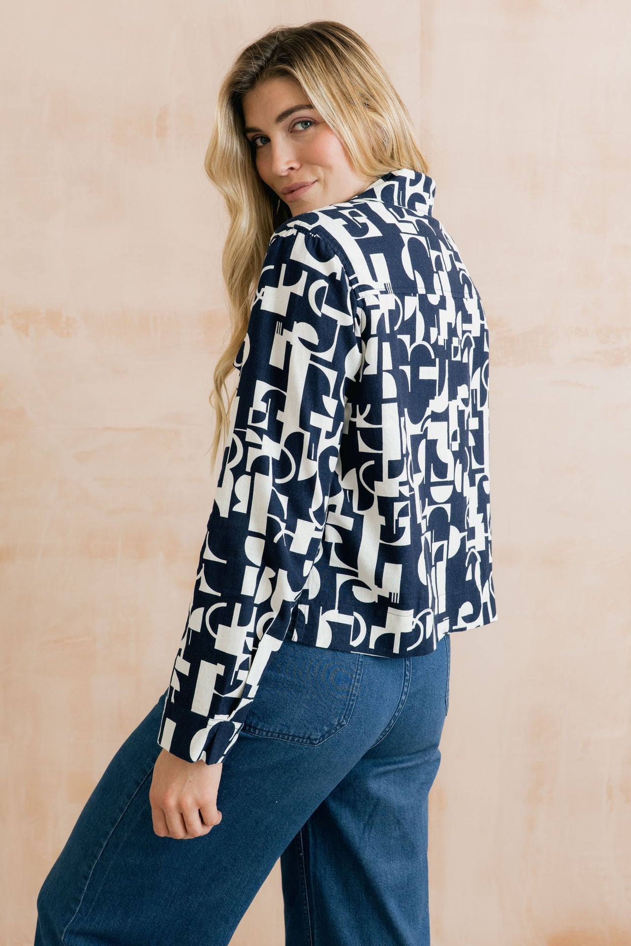 Lily and Me Grasslands Linen Blend Geo Print Jacket Navy