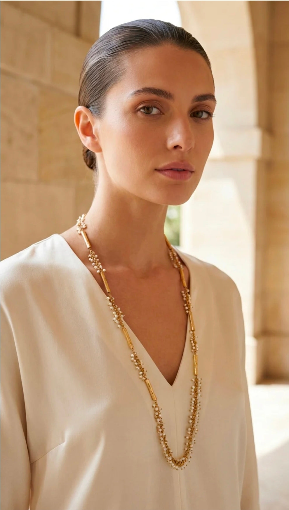 Envy 4810 Long gold chain and bead necklace-Envy-White finn
