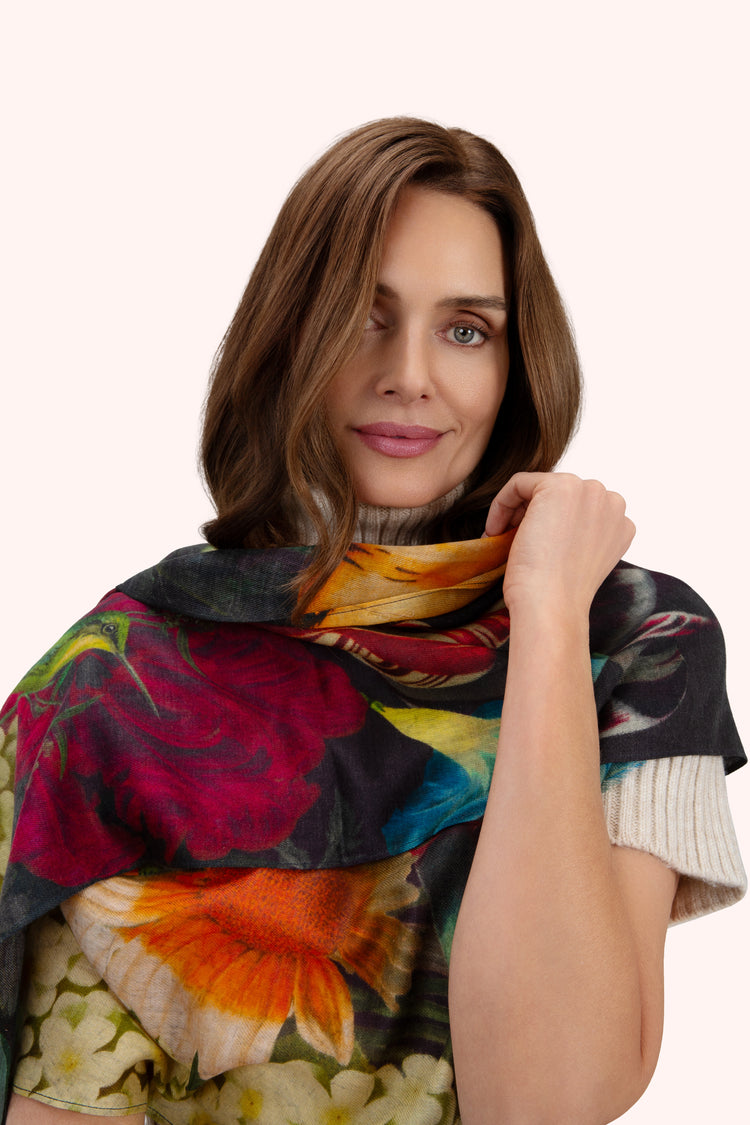 Powder Wool Wrap Scarf - Opulant florals, Chocolate-Powder-White finn