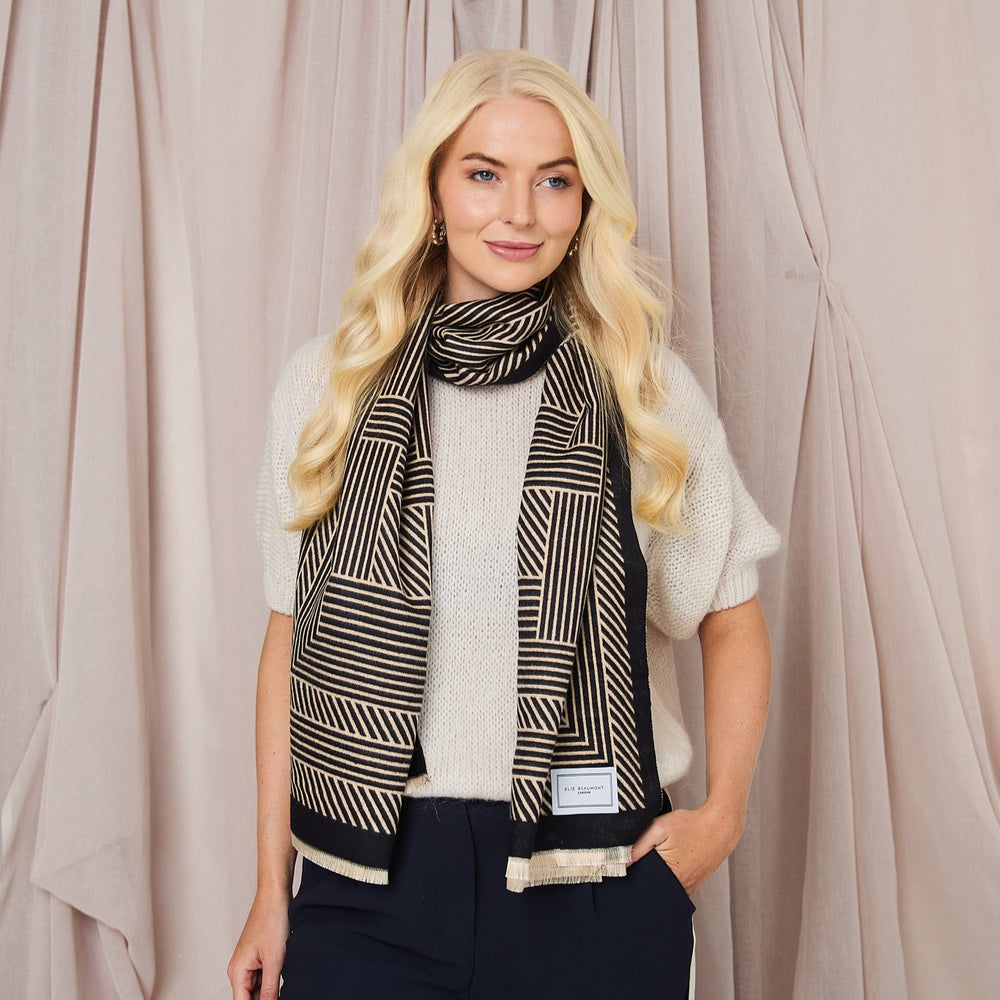 Ellie Beaumont Winter Scarf - Black & Sand Geometric