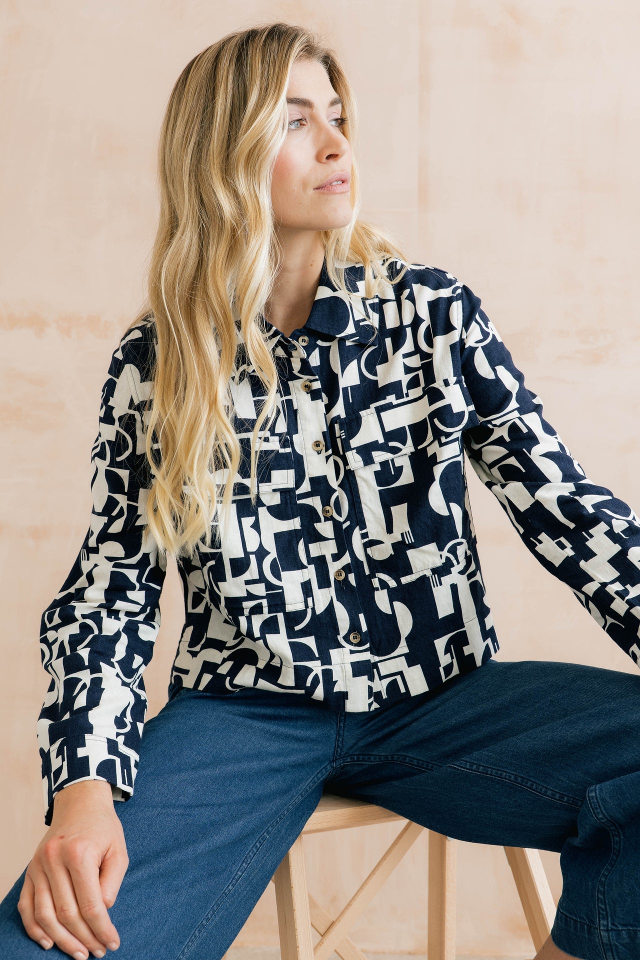 Lily and Me Grasslands Linen Blend Geo Print Jacket Navy