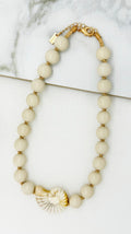 Envy 4744 Short beige bead necklace with fossil pendant-Envy-White finn