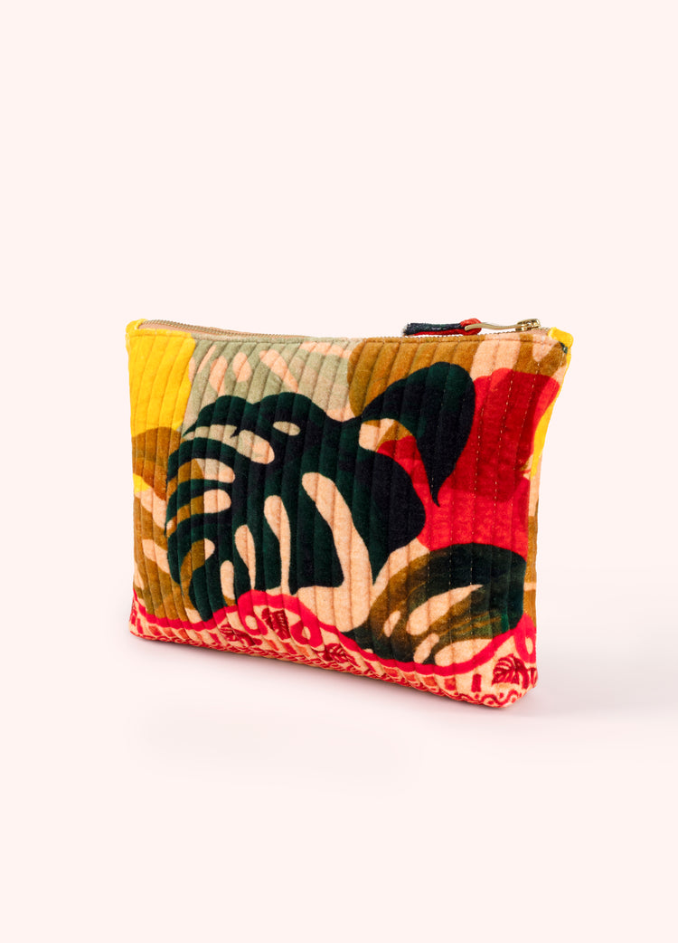 Powder Quilted Velvet Zip Pouch - Exotic Leaves-Powder-White finn