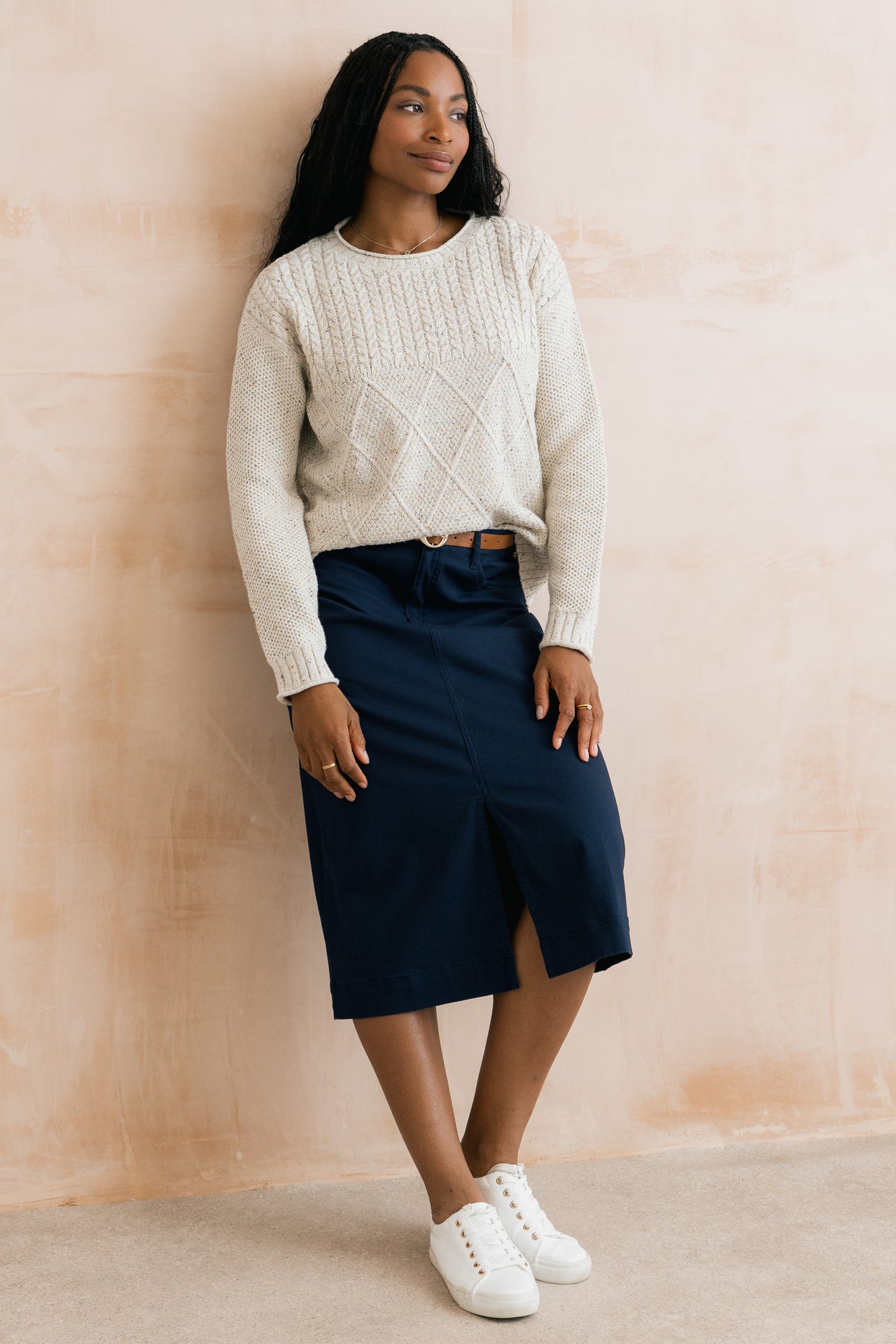 Lily and Me Bryony Flecked Knit Cable Knit Jumper Ecru-Lily and Me-White finn