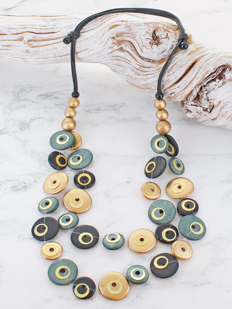 UJ6604 DOUBLE-STRAND WOODEN BUTTON NECKLACE