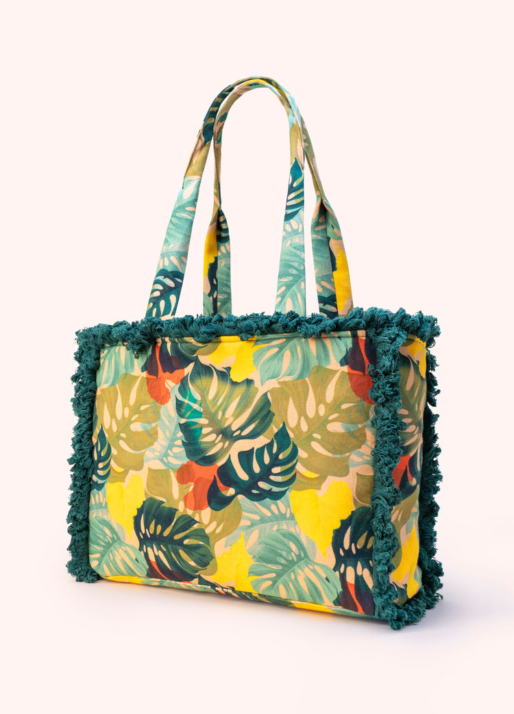 Powder Fringed Box Tote - Exotic Leaves-Powder-White finn