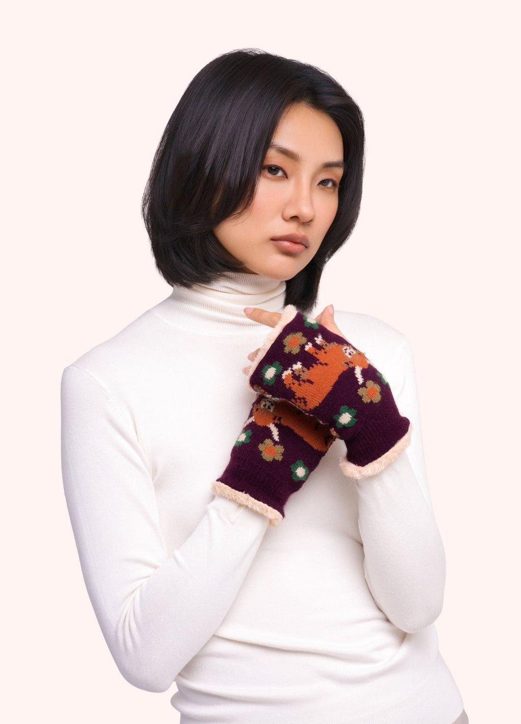 Powder Highland Cow Wrist Warmers, Damson