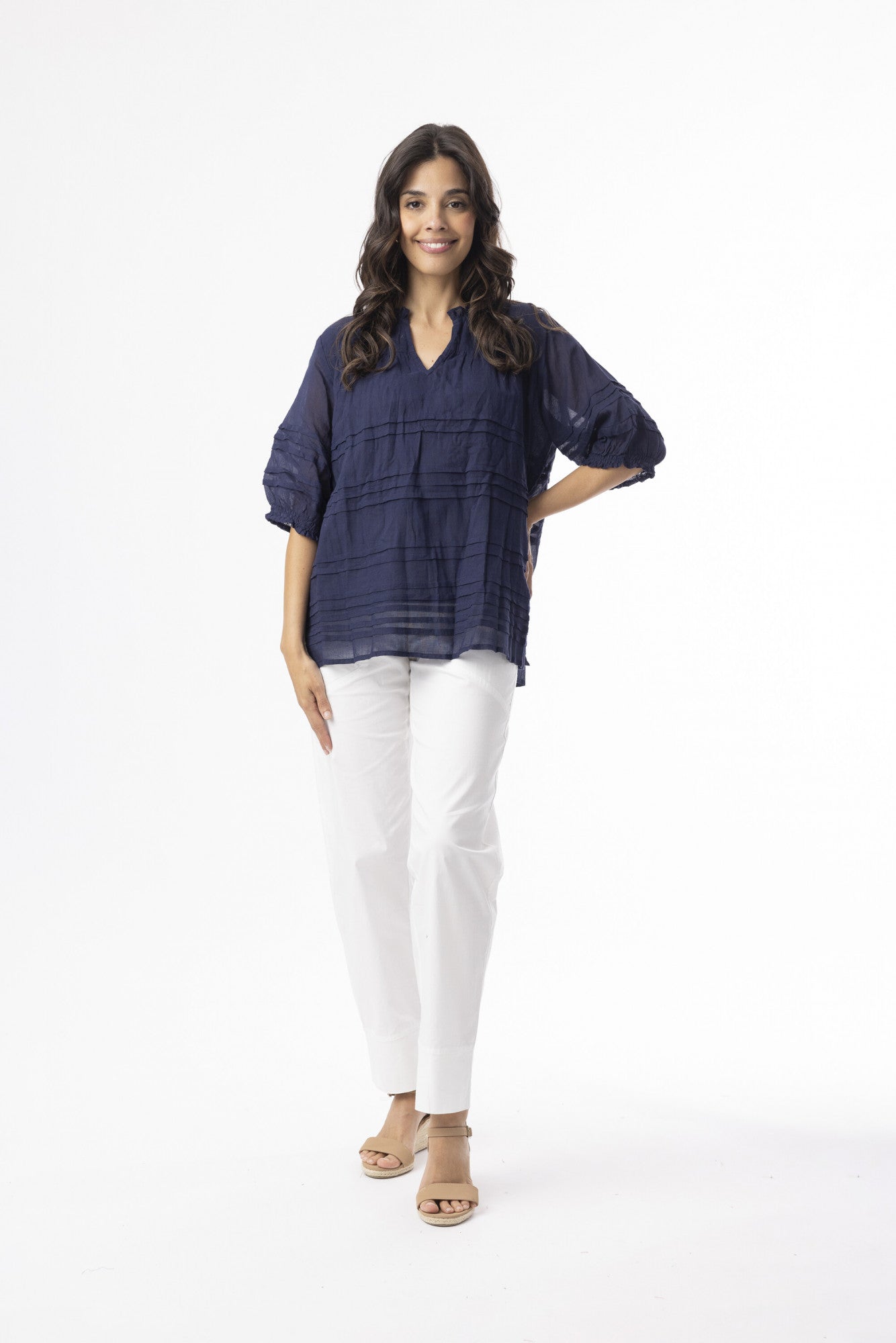 Orientique Cotton Gauze Essentials Top Pleated-Orientique-White finn