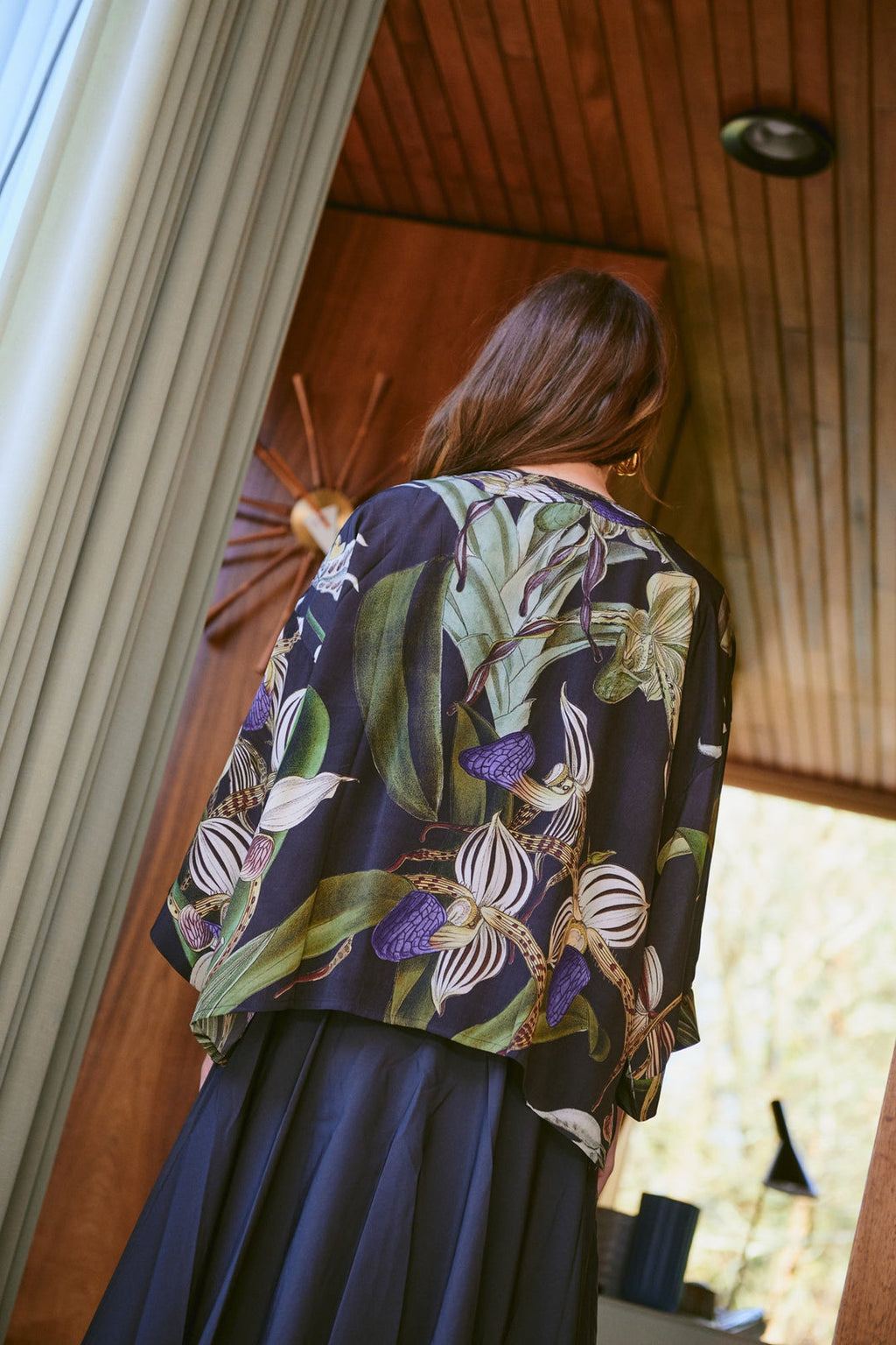 One Hundred Stars Orchid Black Crepe Kimono