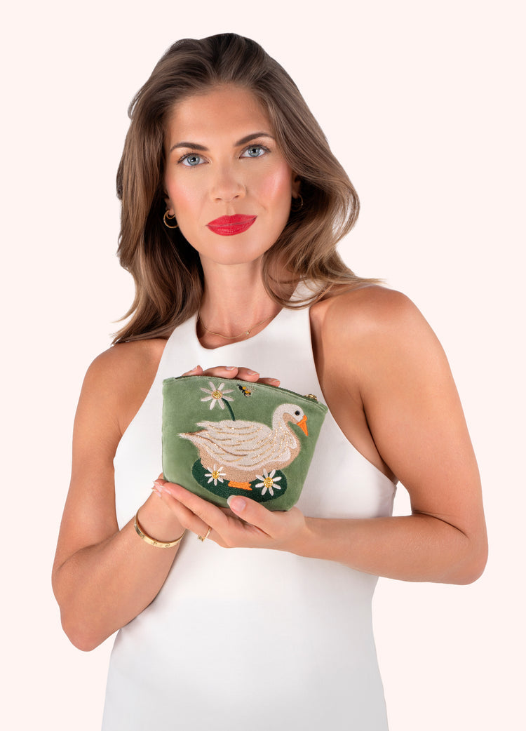 Powder Embroidered Velvet Mini Pouch - Garden Goose-Powder-White finn