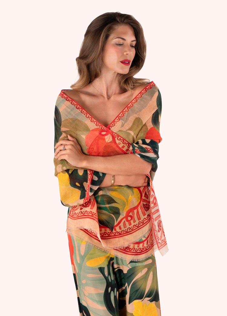 Powder Linen/Cotton Scarf - Exotic Leaves-Powder-White finn