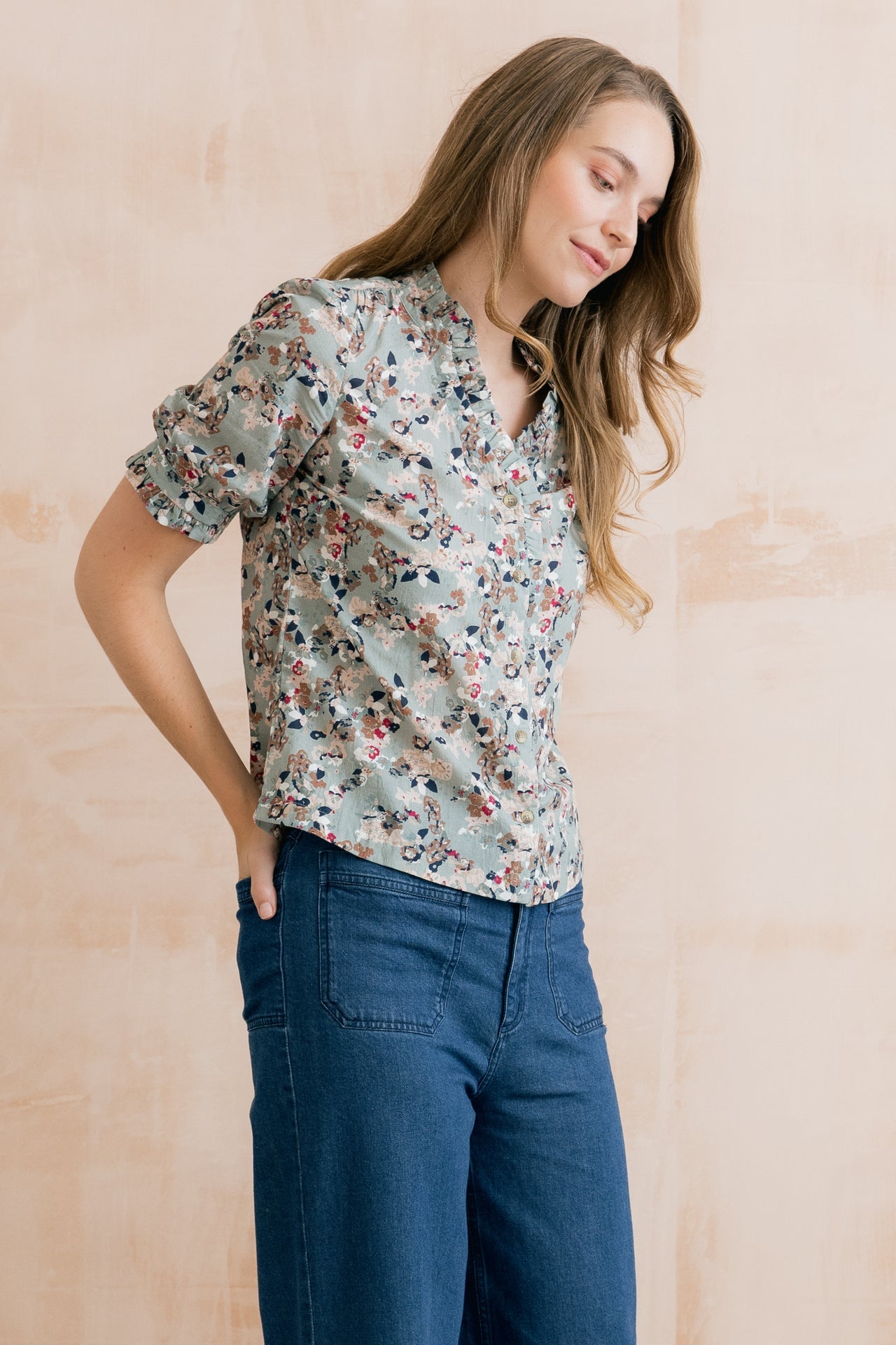 Lily and Me Wren Printed Frill Blouse Ocean