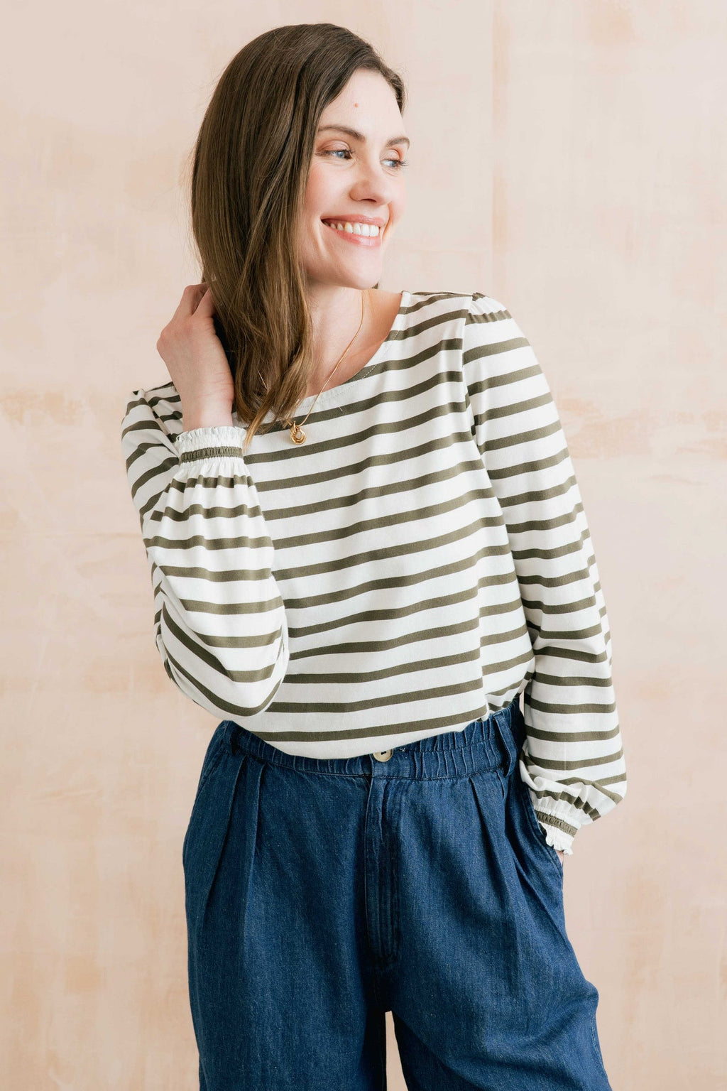 Lily and Me Caroline Striped Organic Cotton Jersey Top Olive/Ecru