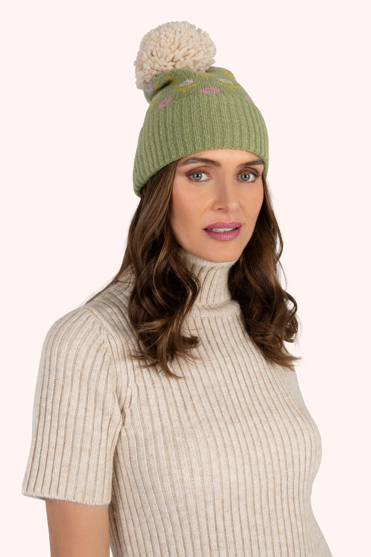Powder Willow Ditsy Flower Pompom Hat, Sage-Hat-White finn