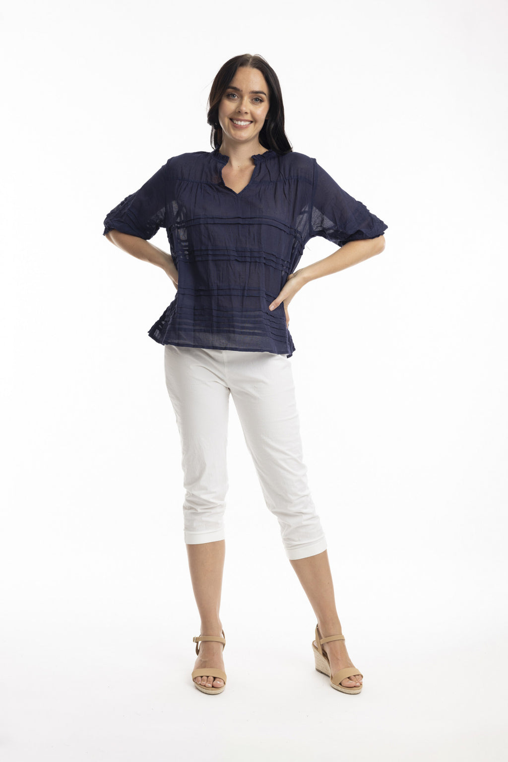 Orientique Essentials Cotton Gauze Pleated Top-Shirts & Tops-White finn