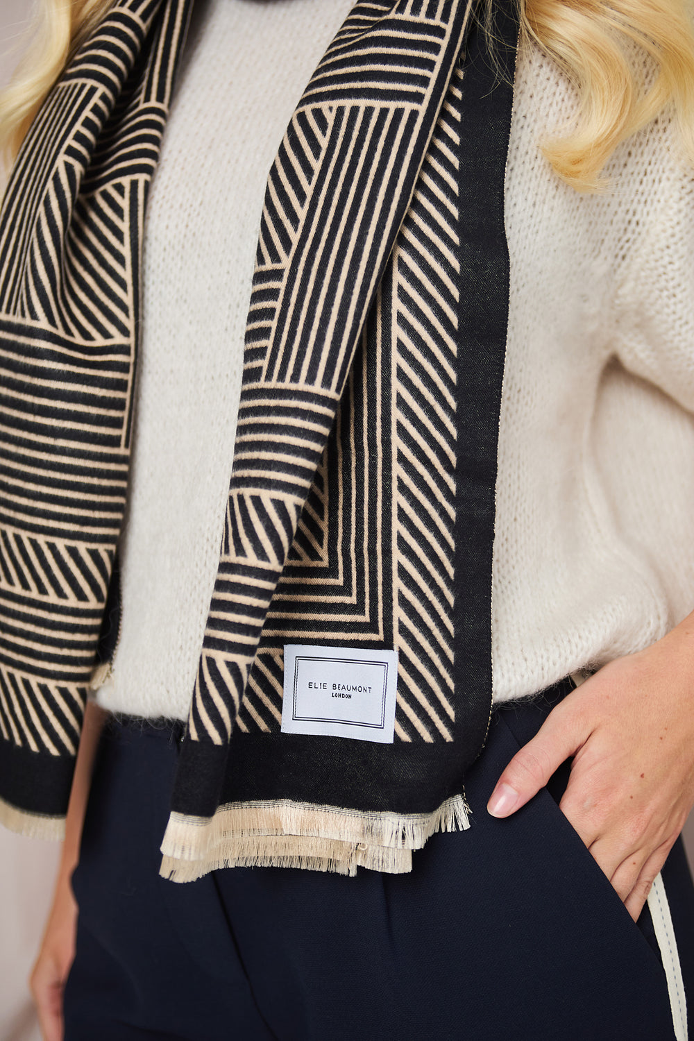 Ellie Beaumont Winter Scarf - Black & Sand Geometric