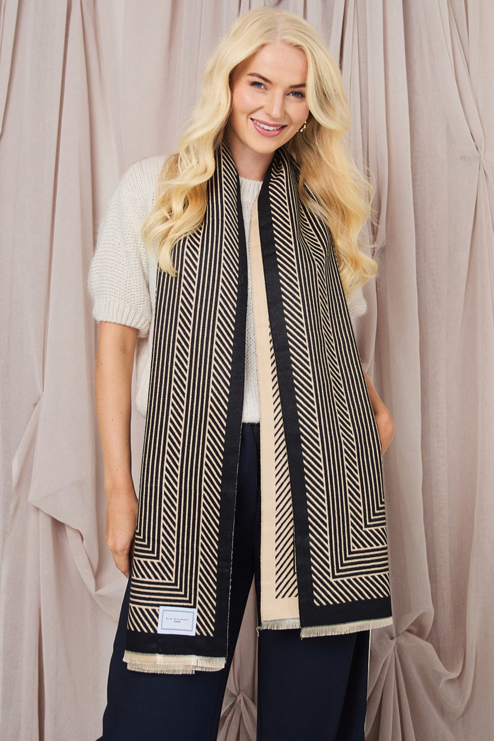 Ellie Beaumont Winter Scarf - Black & Sand Geometric