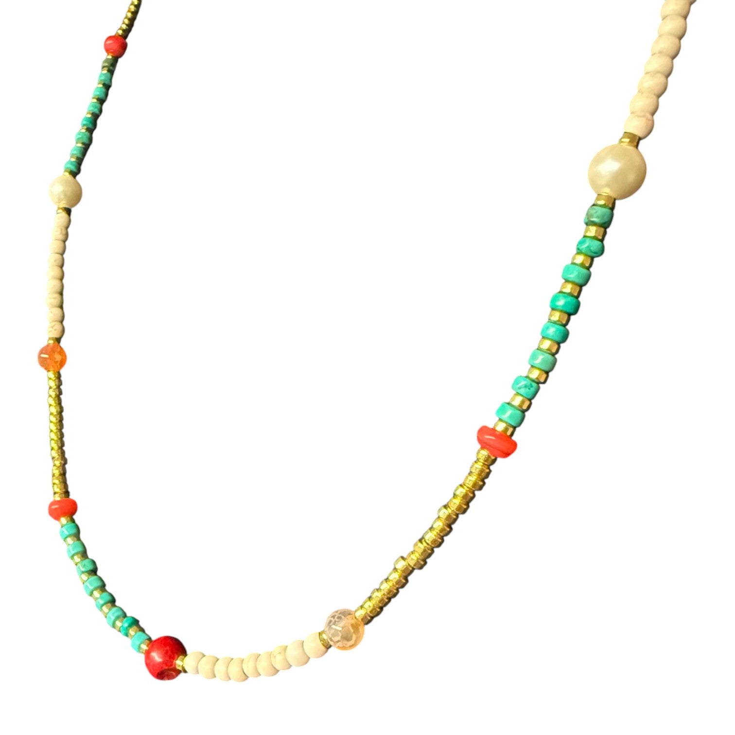 Jess and lou Turquoise, White & Gold Beaded Necklace NK422-Jess and Lou-White finn