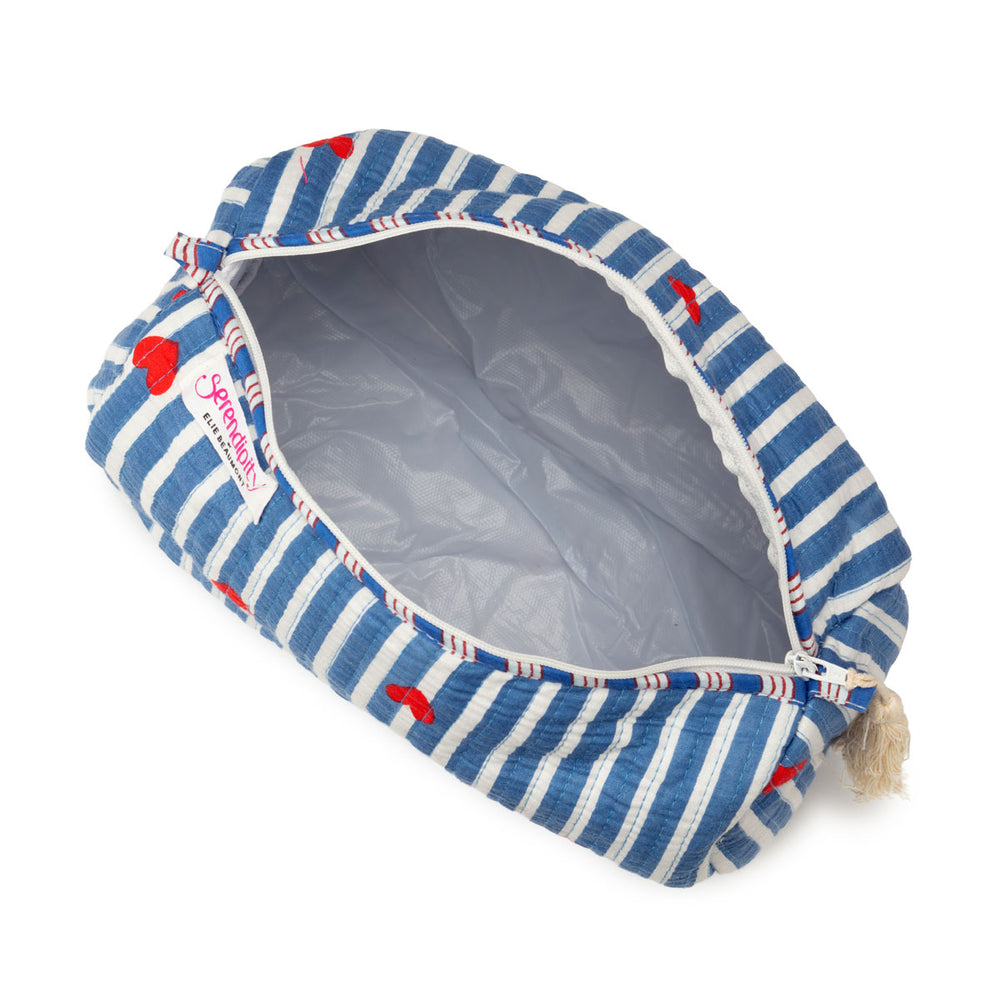 Ellie Beaumont Serendipity Cotton Cosmetic Bag Blue Stripe Red Heart LARGE