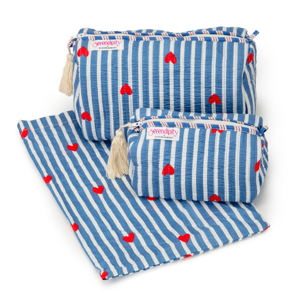 Ellie Beaumont Serendipity Cotton Cosmetic Bag Blue Stripe Red Heart LARGE