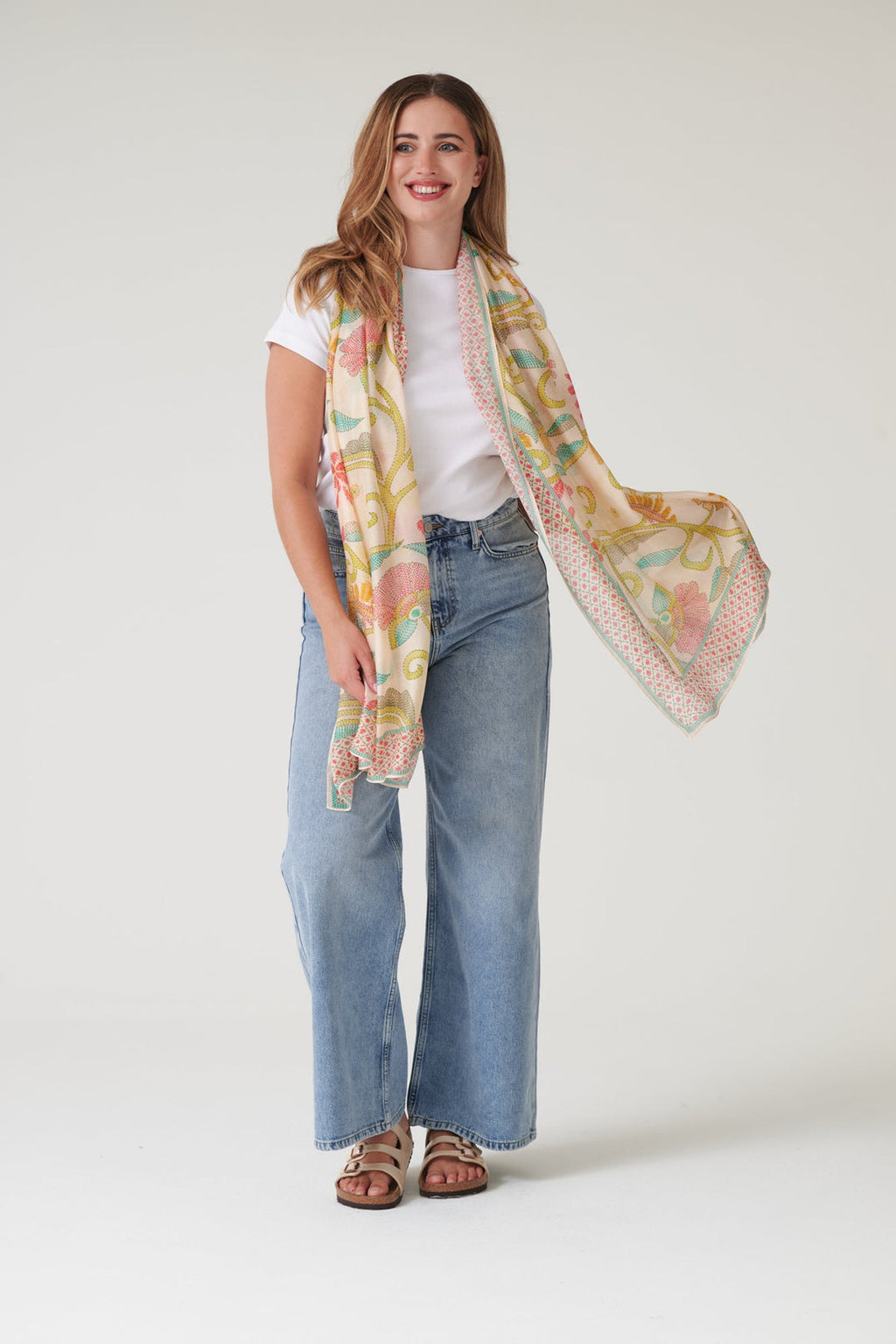 One Hundred Stars Giant Kantha Lime Scarf-One Hundred Stars-White finn