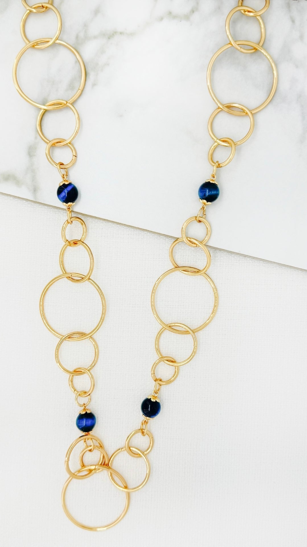 Envy 4772 Long Gold loop necklace with Navy bead design-Envy-White finn