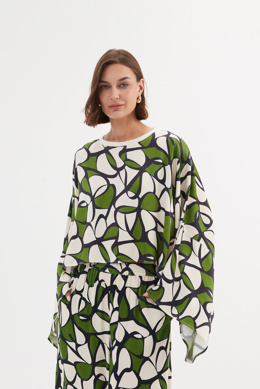 Tirelli Oversized Print Layer Top Rayon Green Oasis Prin-White finn