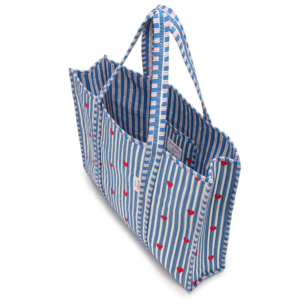 Ellie Beaumont Serendipity Cotton Quilted Tote - Blue Stripe Red Heart