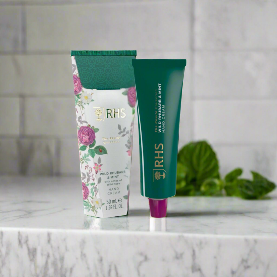 RHS Rewild Rhubarb and Mint Hand Cream 50ml-Somerset Toiletries-White finn
