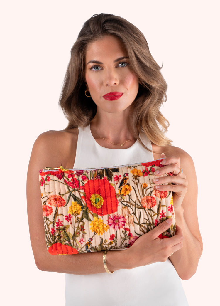 Powder Quilted Velvet Zip Pouch - Fine Flowers, Cream-Powder-White finn