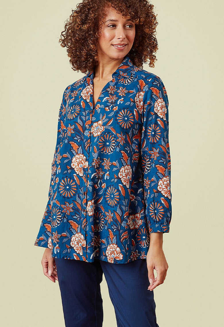 Adini Trailing Botanical Emma Shirt - Navy Mix-Shirts & Tops-XS-