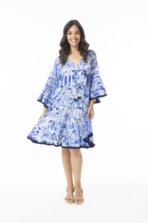 Orientique Okayama Dress Layers Frill Sleeve-Dress-8-Blue multi-